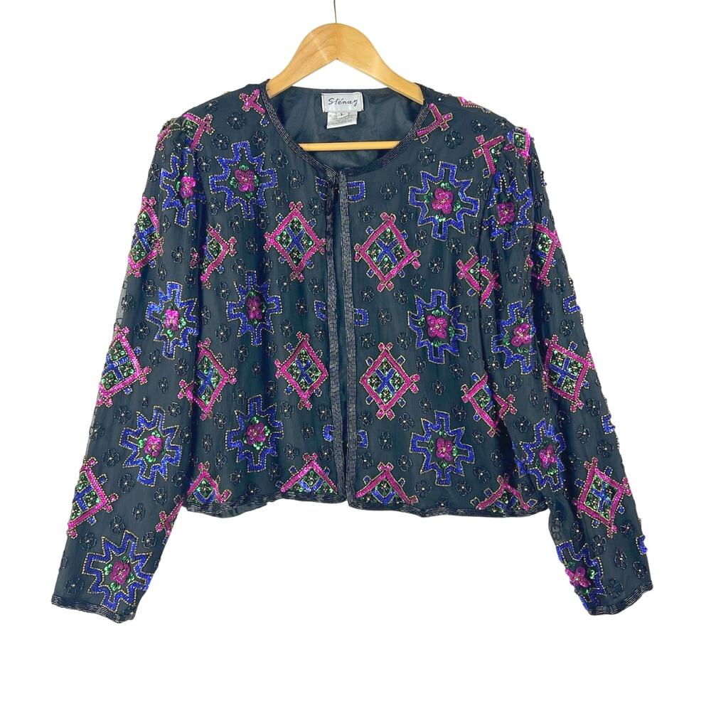 Vintage 1980s Women’s Sténay Hand-Beaded Black Silk Evening Jacket SZ L
